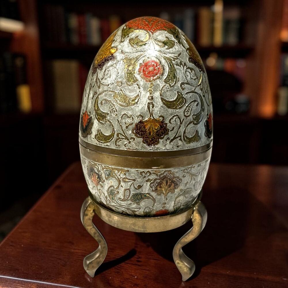 Vintage Raised Enamel Cloisonné Style Egg Trinket Box Brass Stand 7¼” Tall